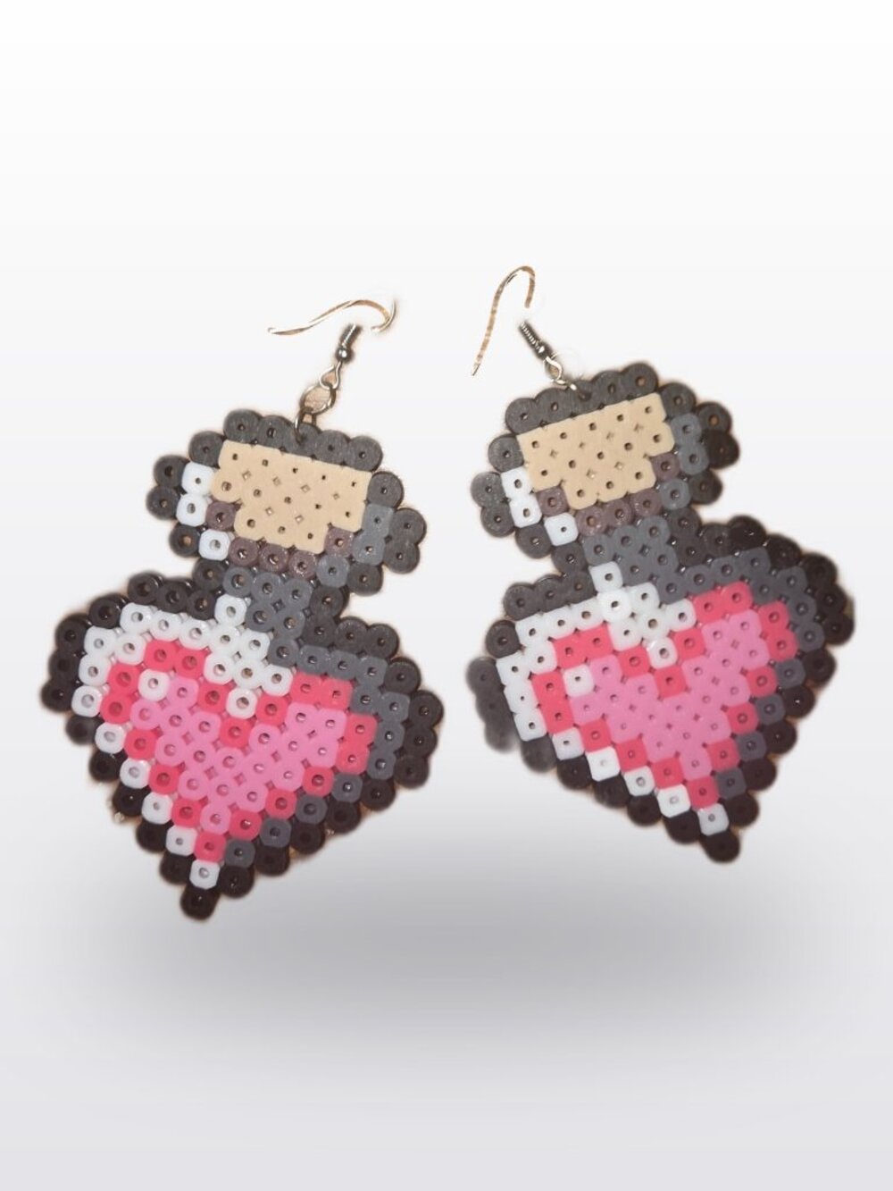 Handmade Pixel Art Love Potion Dangle Earrings - Perler Bead Pink Heart
